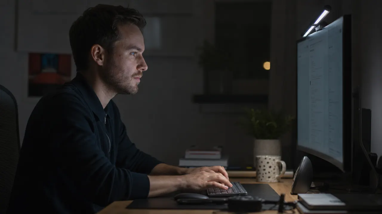 Remote worker typing comfortably at a well-lit desk late in the evening, monitor light bar providing the only light source, eyes relaxed