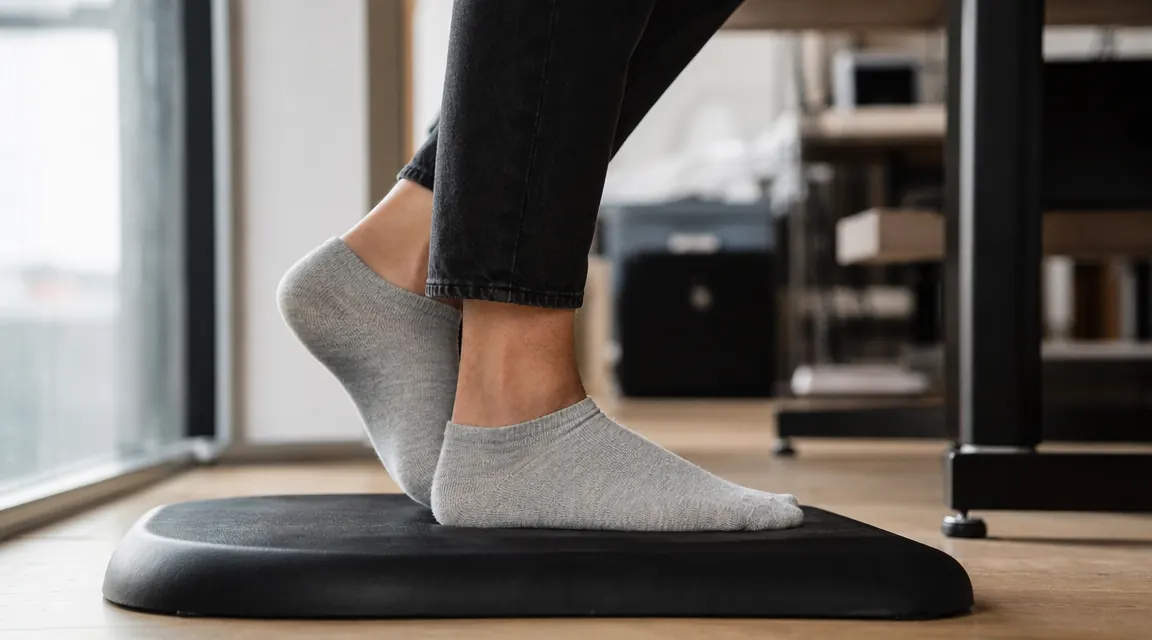 Side profile of a person's feet standing on a cushioned mat at a desk, showing slight heel-to-toe movement