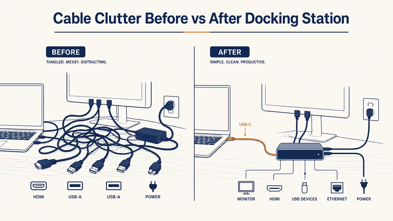 Before and after desk comparison showing tangled cables on the left and a clean organized setup on the right
