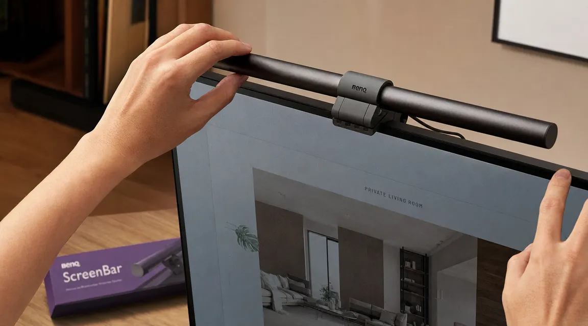 Close-up of BenQ ScreenBar clip balanced on monitor top edge, USB cable routed neatly behind the display