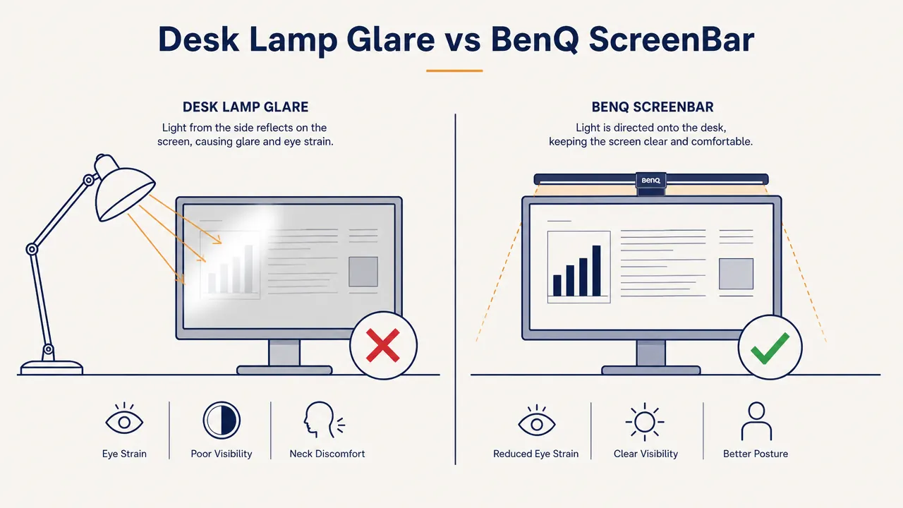 Split-scene comparison showing desk lamp glare on a monitor screen on the left versus clean no-glare screen under BenQ ScreenBar light on the right