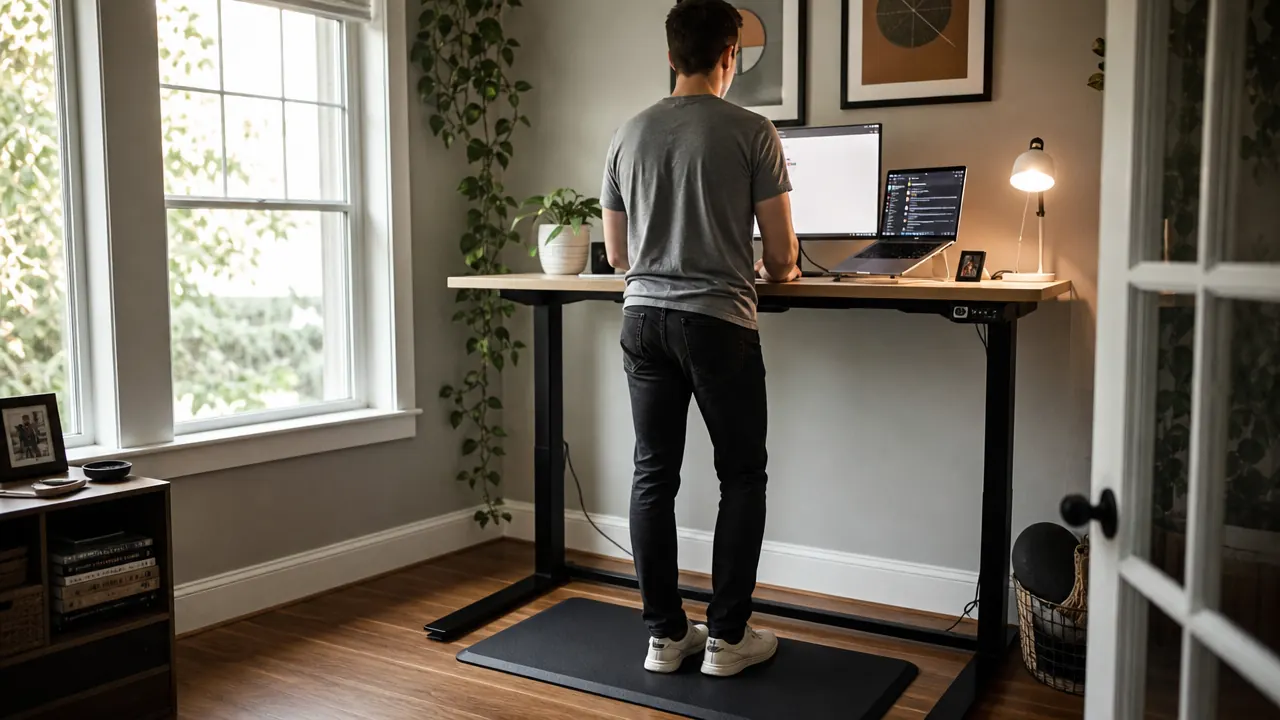 Person standing at a home office desk on an anti-fatigue mat, viewed from behind, showing proper mat placement relative to desk