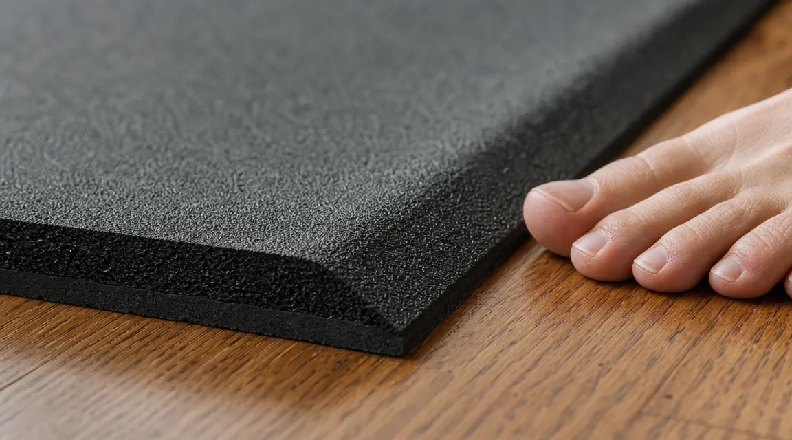 Close-up of the edge of a thick foam anti-fatigue mat showing the beveled ramp edge on a hardwood floor