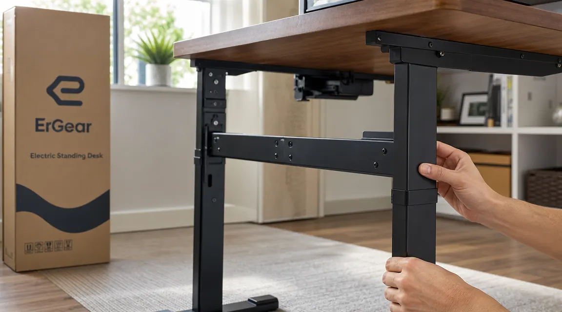 Side view of the ErGear desk frame hardware including the steel cross-support beam and leg adjustment collar