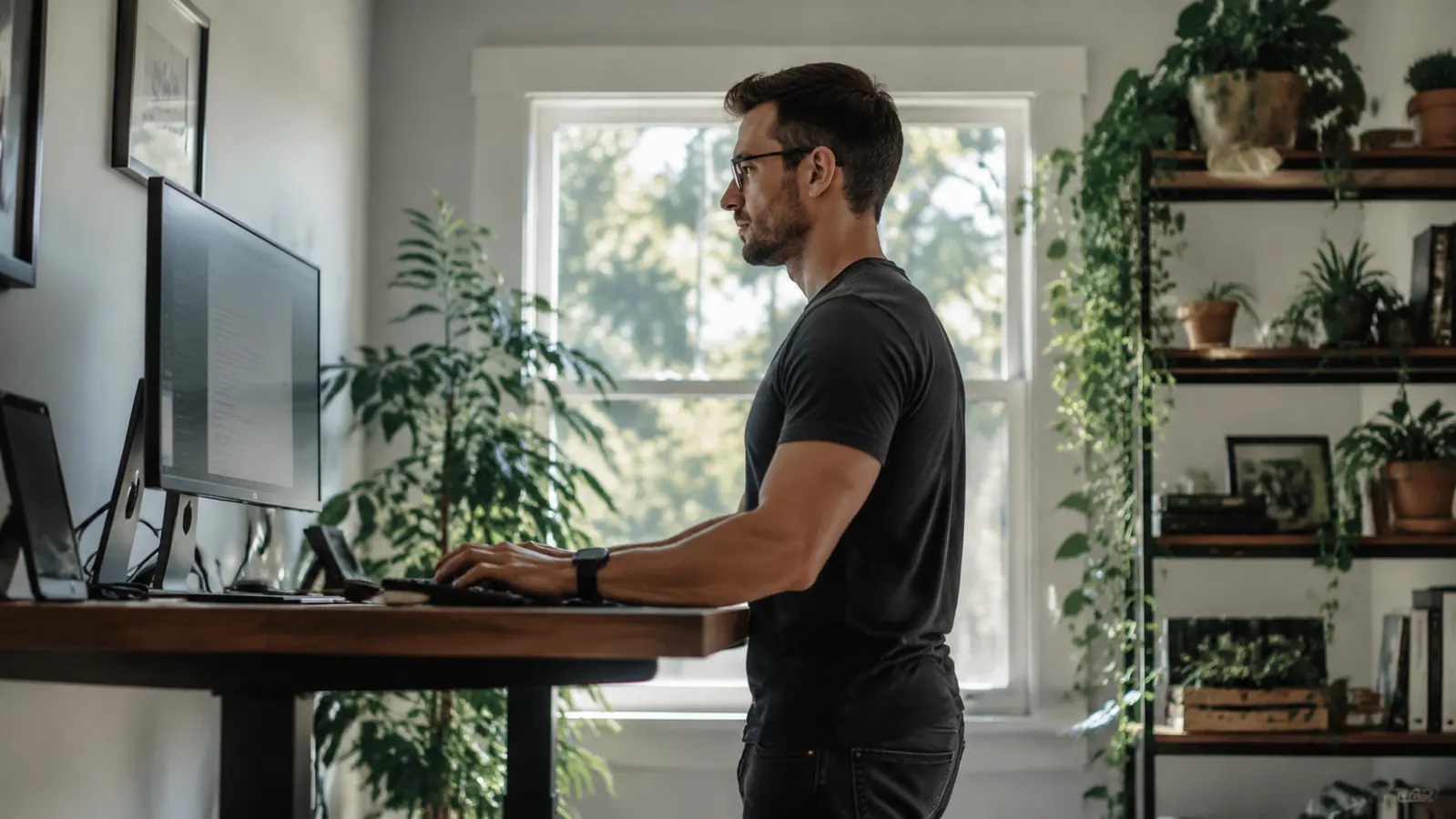 Person standing at a raised desk working on a monitor in a well-lit home office with plants in the background
