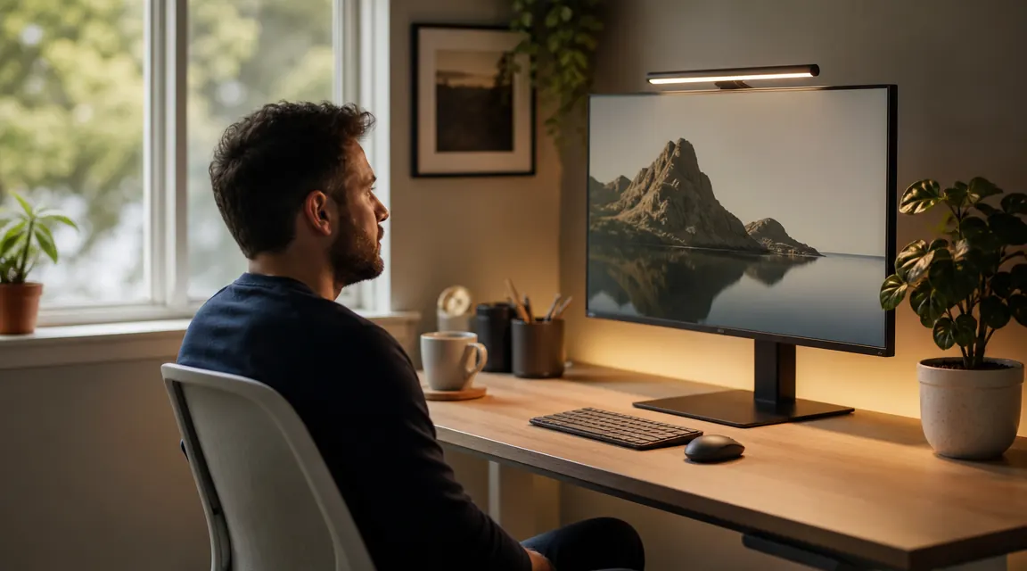 A practical home workstation in warm morning light, calm and grown-up
