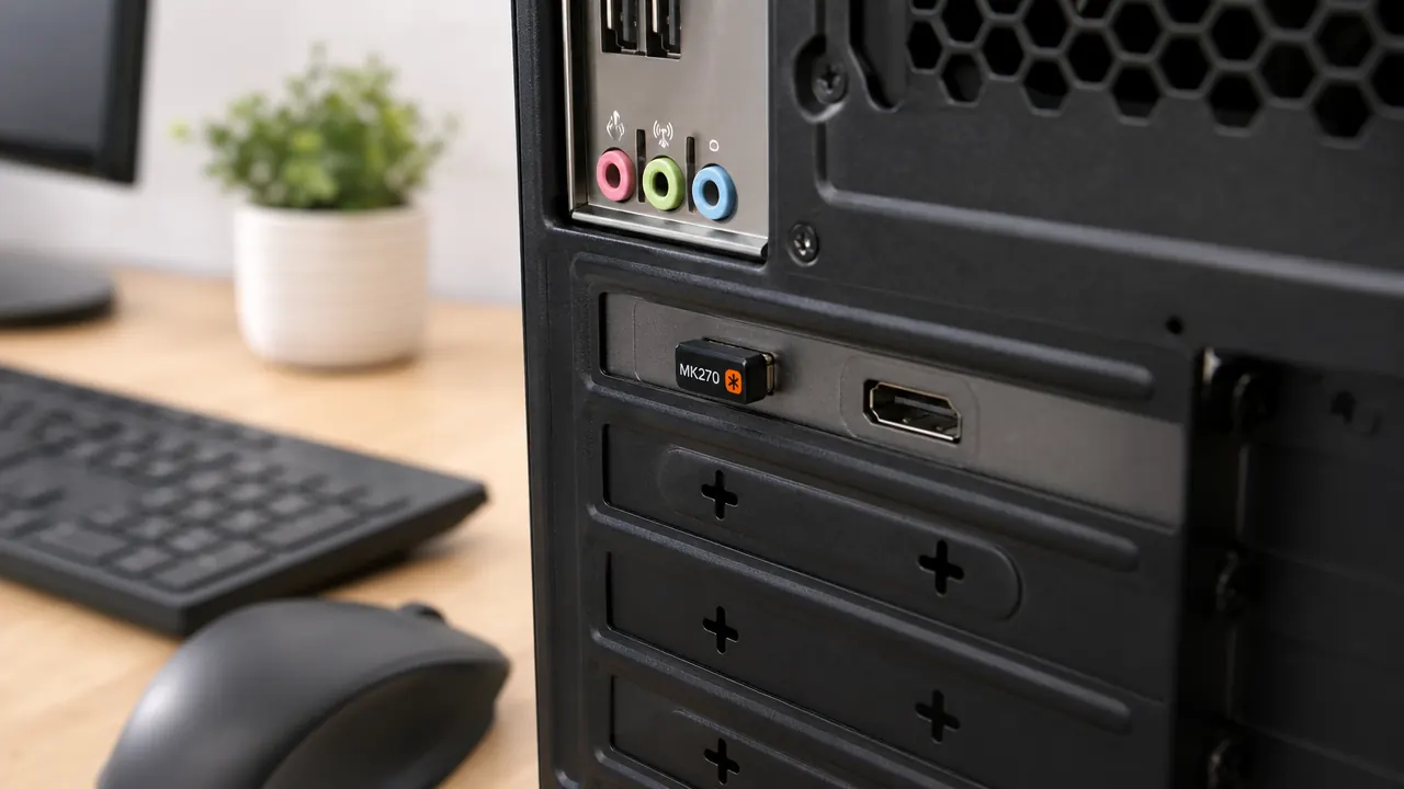 USB nano receiver plugged into the back of a desktop computer, nearly invisible