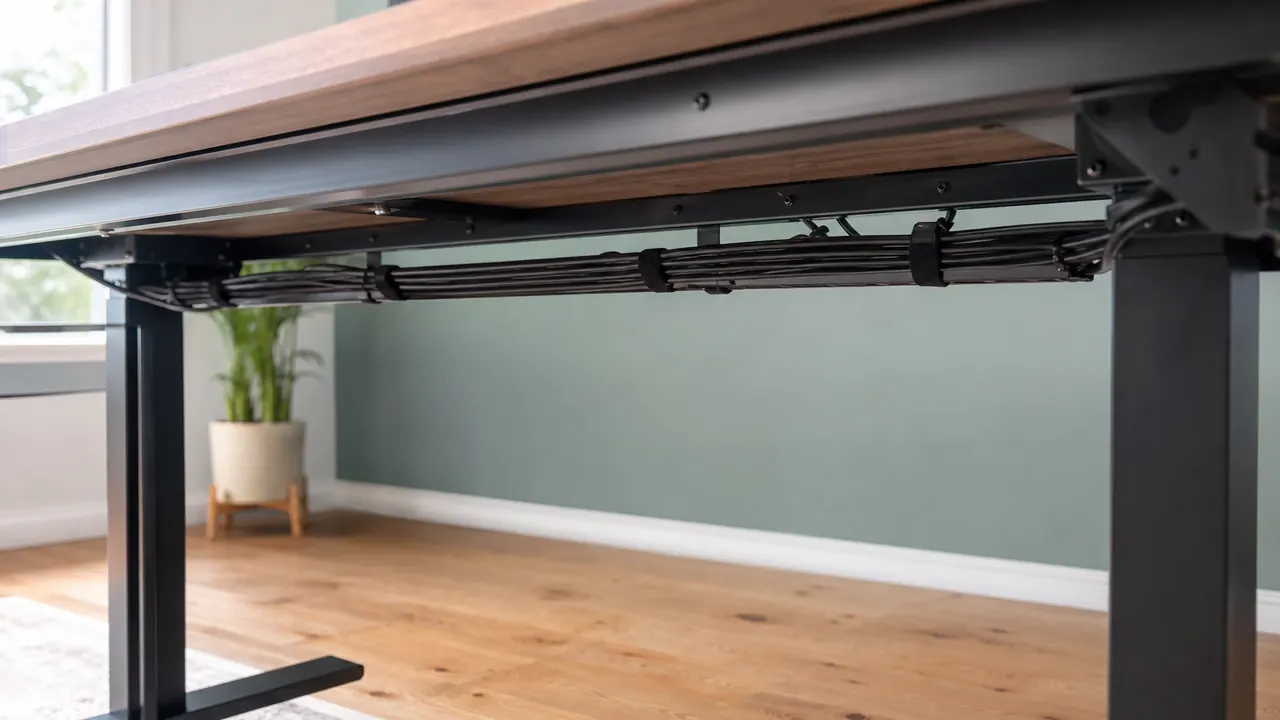 Cable management under a desk using velcro ties and a cable tray, organized neatly