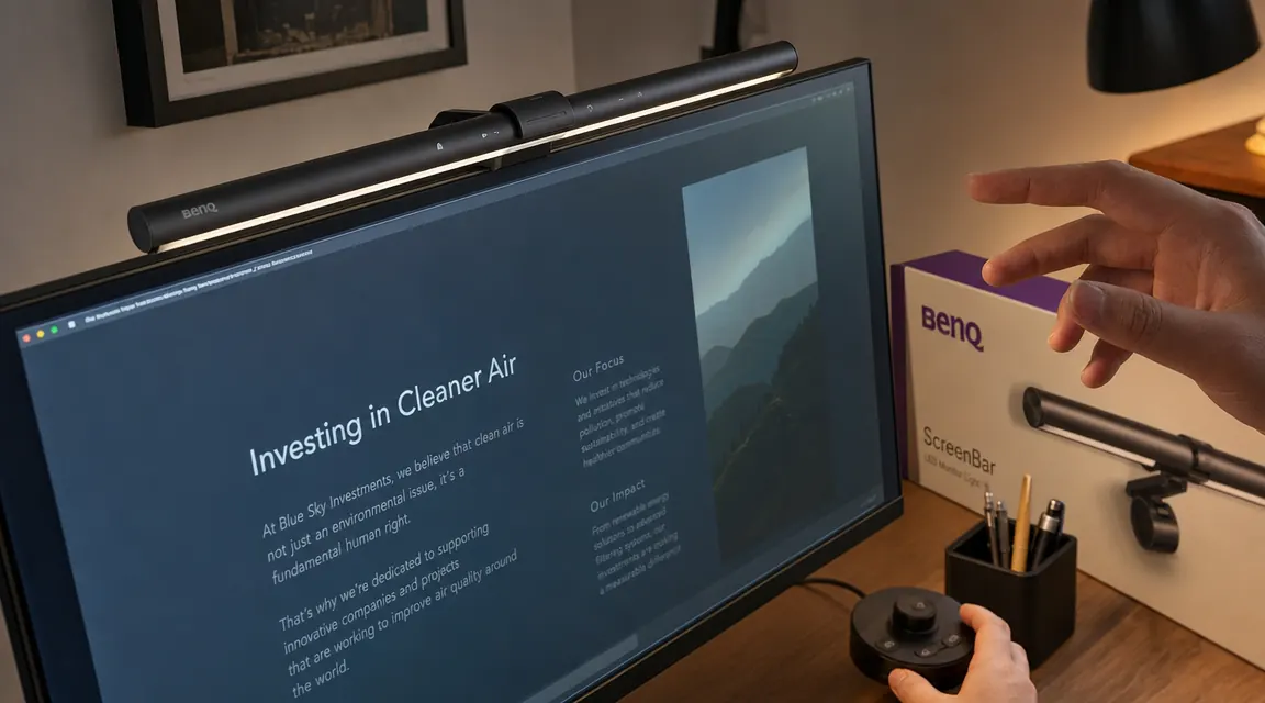 Close-up of the BenQ ScreenBar LED monitor light bar clipped to the top of a widescreen monitor, showing the asymmetric lens directing light downward