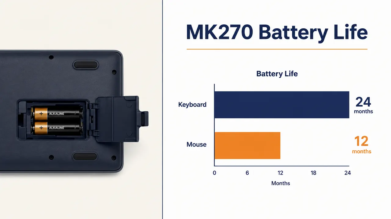 Battery compartment of the Logitech MK270 keyboard open showing two AA batteries with a comparison chart overlay indicating months of battery life