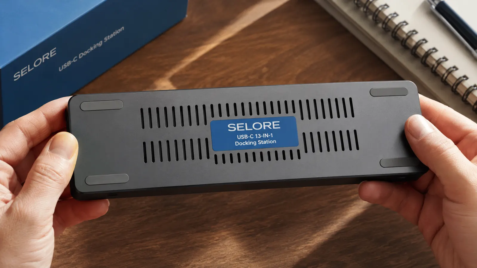 Close-up of the underside of the Selore docking station showing ventilation slots